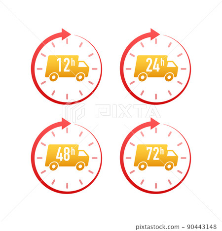 12, 24, 48, 72 hours clock arrow. Fast delivery concept. Work time effect or delivery service time. 12, 24, 48, 72 hours clock arrow. Fast delivery concept. Work time effect or delivery service time. 90443148