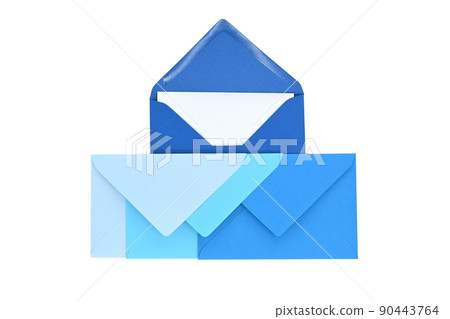 Envelopes of blue hues with blank white card 90443764