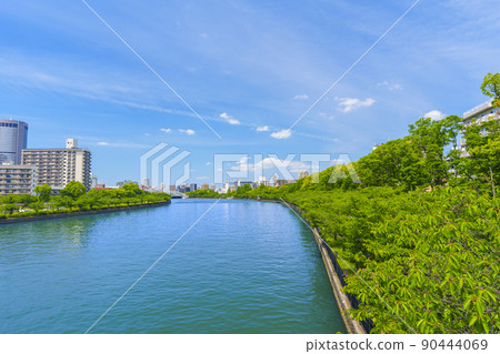 從川崎橋看毛馬櫻宮公園新鮮的綠色季節 從川崎橋看毛馬櫻宮公園新鮮的綠色季節 90444069