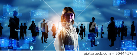 婦女和戴護目鏡的人的剪影橫幅和廣告的水平視覺 90444172