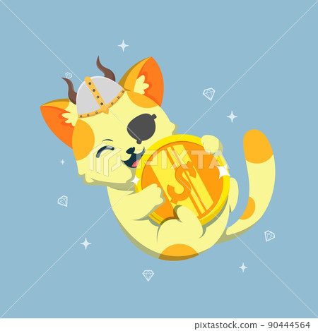 Cute cat playing with gold coin cartoon vector icon illustration. Animal Mascot concept illustration. Flat cartoon style 90444564