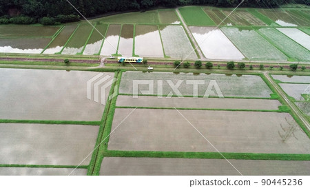 一列在水錶面上反射的稻田中運行的單列火車 90445236