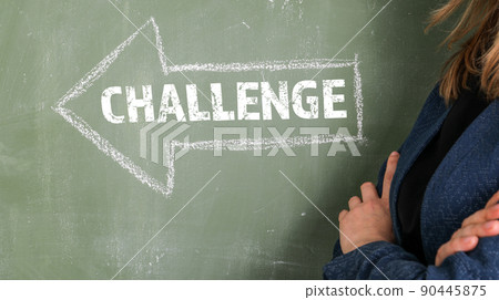 CHALLENGE. Arrow with text on a green chalk board CHALLENGE. Arrow with text on a green chalk board 90445875