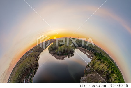 Confluence of the Iset and Kamenka rivers in the city Kamensk-Uralskiy. Iset and Kamenka rivers, Kamensk-Uralskiy, Sverdlovsk region, Ural mountains, Russia. Little planet sphere mode 90446296