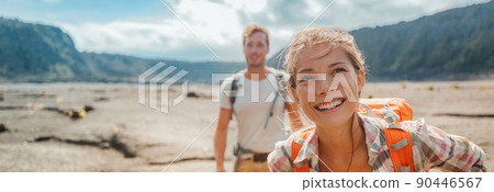 Travel hiking couple hikers happy with backpacks on summer outdoor active adventure vacation. Smiling Asian girl and man hikers banner landscape panoramic Travel hiking couple hikers happy with backpacks on summer outdoor active adventure vacation. Smiling Asian girl and man hikers banner landscape panoramic 90446567