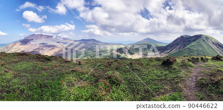 Panorama landscape photograph of Mt. Aso (Mt. Takadake, Mt. Nakadake, Mt. Karasuhata, Mt. Kishima) seen from Mt. Ojo Panorama landscape photograph of Mt. Aso (Mt. Takadake, Mt. Nakadake, Mt. Karasuhata, Mt. Kishima) seen from Mt. Ojo 90446622