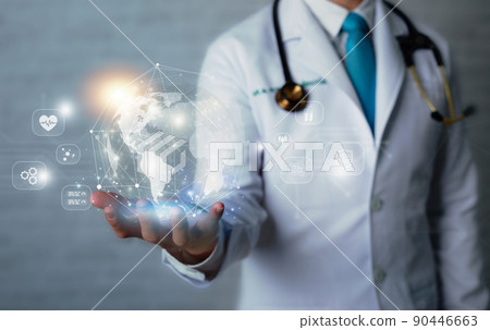 Doctor and stethoscope touching icon medical network connection with modern virtual screen interface. Doctor and stethoscope touching icon medical network connection with modern virtual screen interface. 90446663