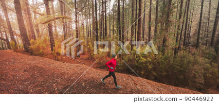 Running man athlete runner training outdoor on forest trail in cold autumn weather. Man active sports lifestyle lond distance endurance workout in woods. Banner background 90446922