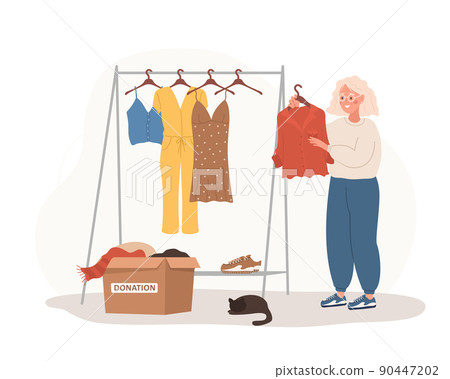 Clothes donation. Elderly woman putting old clothes ready to be shared or recycled from wardrobe to cardboard box. Volunteering and social care. International charity day. Vector cartoon illustration 90447202