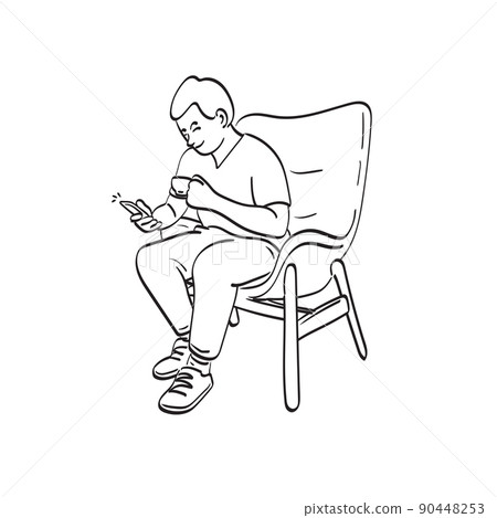 line art man with smartphone and cup with tea or coffee on chair illustration vector hand drawn isolated on white background line art man with smartphone and cup with tea or coffee on chair illustration vector hand drawn isolated on white background 90448253
