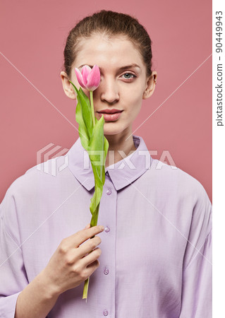 Young Woman with Flower Minimal Portrait 90449943
