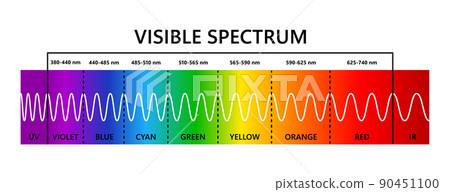 Visible light spectrum, infared and ultraviolet. Optical light wavelength. Electromagnetic visible color spectrum for human eye. Gradient diagram. Educational vector illustration on white background 90451100