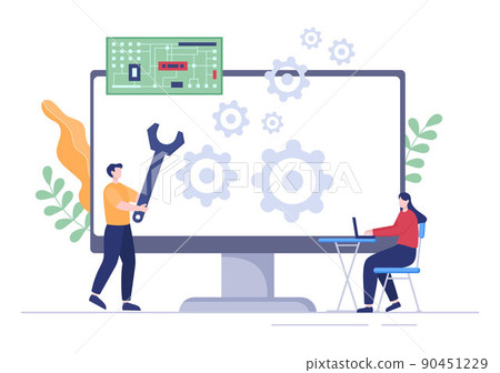 Computer Repair or Service Flat Cartoon Illustration with Tools Repairman Electronics for for Data Recovery Center and Crash on PC 90451229