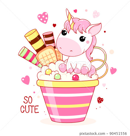 Cute baby card in kawaii style. Lovely unicorn and ice cream. Inscription So cute 90451556
