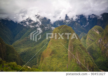 Panoramic view to Machu Picchu archaeological site with Polygonal masonry, Cuzco, Peru Panoramic view to Machu Picchu archaeological site with Polygonal masonry, Cuzco, Peru 90451827