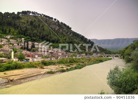 Panoramic view to Berat old town and Kisha e Shen Mehillit aka St. Michael church, Berat, Albania Panoramic view to Berat old town and Kisha e Shen Mehillit aka St. Michael church, Berat, Albania 90451836