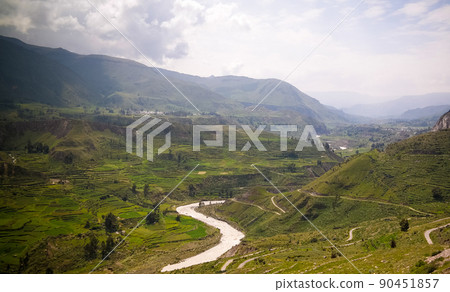 Aerial panoramic view to Colca canyon from the antahuilque viewpoint, Chivay, Arequipa, Peru Aerial panoramic view to Colca canyon from the antahuilque viewpoint, Chivay, Arequipa, Peru 90451857