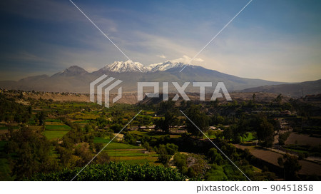 Panoramic view to Chachani mountain and Arequipa city from Yanahuara viewpoint, Arequipa, Peru 90451858