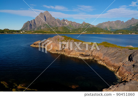 Panoramic view to Orsvagvaer village and Sandvika fjord at Austvagoy Island, Lofoten, Norway Panoramic view to Orsvagvaer village and Sandvika fjord at Austvagoy Island, Lofoten, Norway 90451860