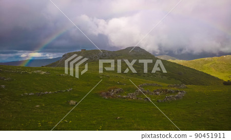 Landscape of Mavrovo national park with rainbow, mountain and lake, FYR Macedonia Landscape of Mavrovo national park with rainbow, mountain and lake, FYR Macedonia 90451911