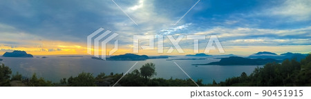 Sunset panorama view to Alesund from Fjellstua viewpoint, Norway Sunset panorama view to Alesund from Fjellstua viewpoint, Norway 90451915