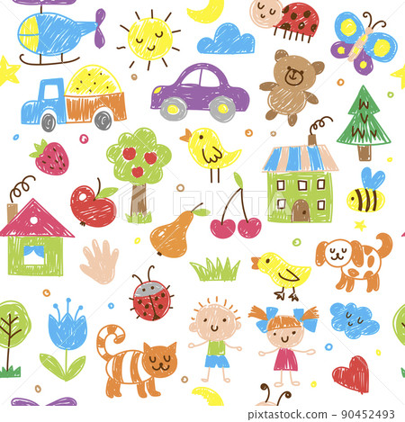 Kids Drawn Pattern. Funny Doodle Pencils Drawn... - Stock Illustration ...