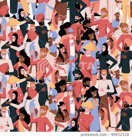 Crowd pattern. Multi ethnical adults diversity persons garish vector seamless background Crowd pattern. Multi ethnical adults diversity persons garish vector seamless background 90452528
