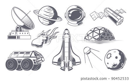 Space labels. Monochrome badges with space rockets astronaut exploring universe adventure shuttles exact vector illustration stylized Space labels. Monochrome badges with space rockets astronaut exploring universe adventure shuttles exact vector illustration stylized 90452533