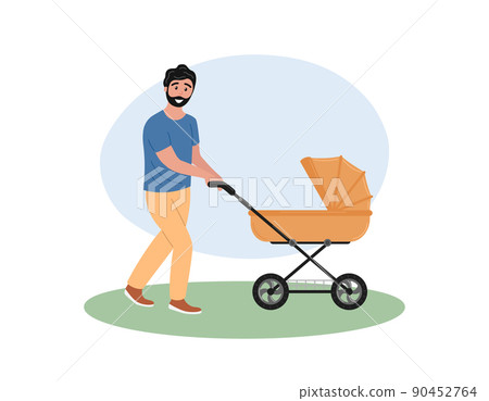 Dad walks with baby stroller in summer. Father pushing pram for newborn. Young man walking with little child. Flat vector illustration Dad walks with baby stroller in summer. Father pushing pram for newborn. Young man walking with little child. Flat vector illustration 90452764