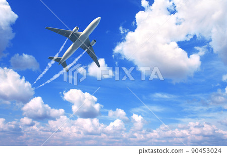 Horizontal nature background with aircraft and Jet trailing smoke in the sky. Airplane and condensation trail 90453024
