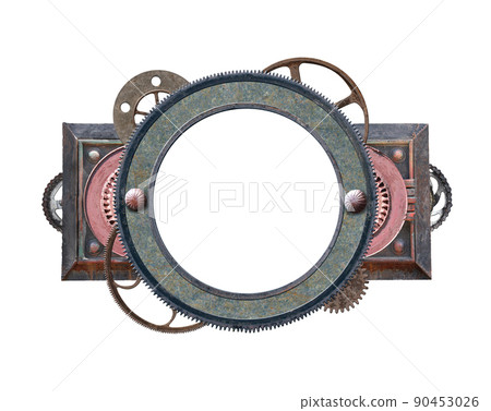 Metallic round frame with vintage machine gears and retro cogwheel 90453026