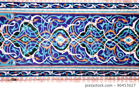 Detail of traditional persian mosaic wall with floral ornament, Grand Jame Mosque, Yazd, Iran 90453027