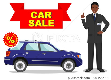 Car showroom. Big sale. Manager sells new automobile. Detailed illustration of businessman and blue auto on white background in flat style. Car showroom. Big sale. Manager sells new automobile. Detailed illustration of businessman and blue auto on white background in flat style. 90453482