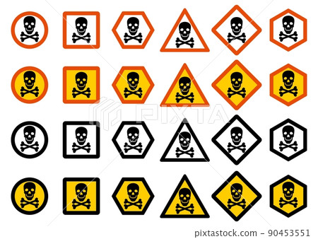 Industry concept. Set of different warning signs. Chemical, radioactive, dangerous, toxic, poisonous hazard. Danger sign with skull and bones. Vector illustration. 90453551