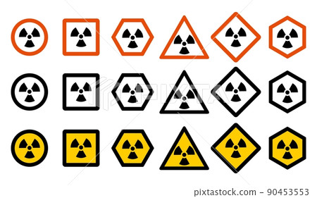 Industry concept. Set of different radiation hazard signs for your web site design, logo, app, UI. Radioactive nuclear symbol isolated on white background. Radioactivity. Dangerous area Icons. 90453553