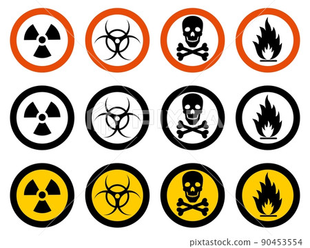 Industry concept. Set of different signs. Chemical, radioactive, dangerous, toxic, poisonous, hazardous substances. Vector illustration. Industry concept. Set of different signs. Chemical, radioactive, dangerous, toxic, poisonous, hazardous substances. Vector illustration. 90453554