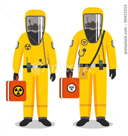 Chemical industry concept. Couple of workers man and woman in yellow protective suits standing together on white background in flat style. Dangerous profession. Vector illustration. Chemical industry concept. Couple of workers man and woman in yellow protective suits standing together on white background in flat style. Dangerous profession. Vector illustration. 90453555
