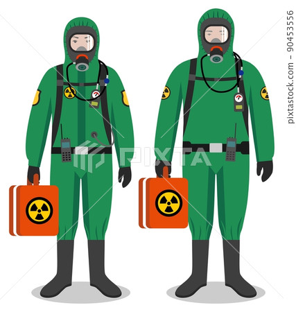 Chemical industry concept. Couple of workers man and woman in green protective suits standing together on white background in flat style. Dangerous profession. Vector illustration. 90453556