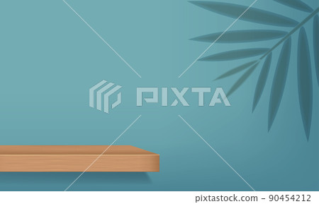 Realistic wooden product podium with palm leave shadow on the background Vector Realistic wooden product podium with palm leave shadow on the background Vector 90454212