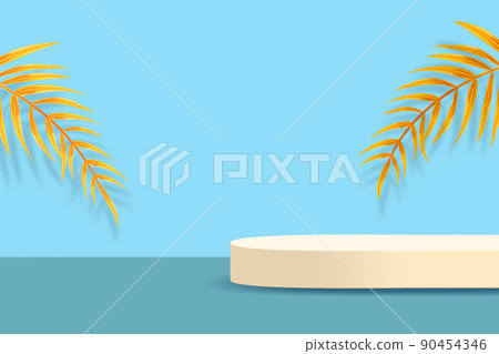 3d product stand on abstract background with tropical palm leaves 90454346