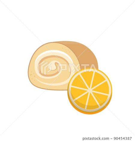 柳橙水果口味與奶油的蛋糕捲,高熱量好吃甜的甜點,向量插畫風格,白色背景孤立 90454387