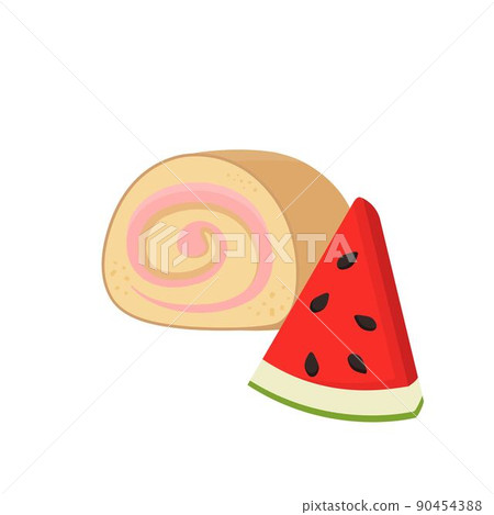 Watermelon fruit flavored cake roll with cream, high calorie delicious sweet dessert, vector illustration style, isolated on white background 90454388