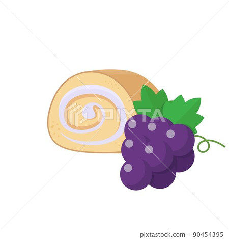 葡萄水果口味與奶油的蛋糕捲,高熱量好吃甜的甜點,向量插畫風格,白色背景孤立 90454395