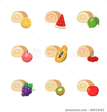 Set of cake rolls with fruit flavored cream, high calorie delicious sweet dessert, vector illustration, isolated on white background 90454461