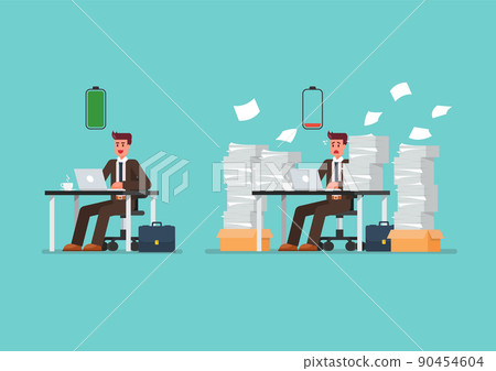 Full battery man and low battery man sitting at table with laptop and pile of papers 90454604