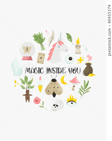 Vector composition with different magic, wizard items, icons, tools 90455374