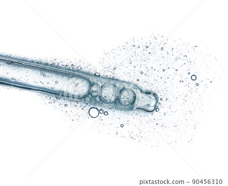 Cosmetic liquid dropper with clear serum in pipette with bubbles isolated on white background 90456310