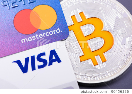 Visa and Mastercard plastic credit payment cards with Bitcoin coin Visa and Mastercard plastic credit payment cards with Bitcoin coin 90456326
