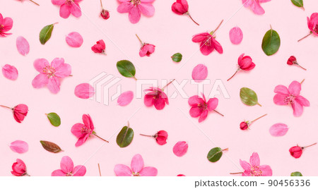 Seamless floral pattern of apple tree blooming flowers buds leaves and petals on pink background 90456336