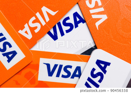 Close-up of Visa plastic credit payment cards top view 90456338